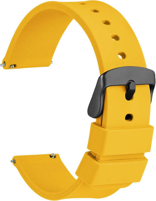 WOCCI 16mm Silicone Watch Band, Quick Release Rubber Replacement Strap with Black Stainless Steel Buckle (Yellow)
