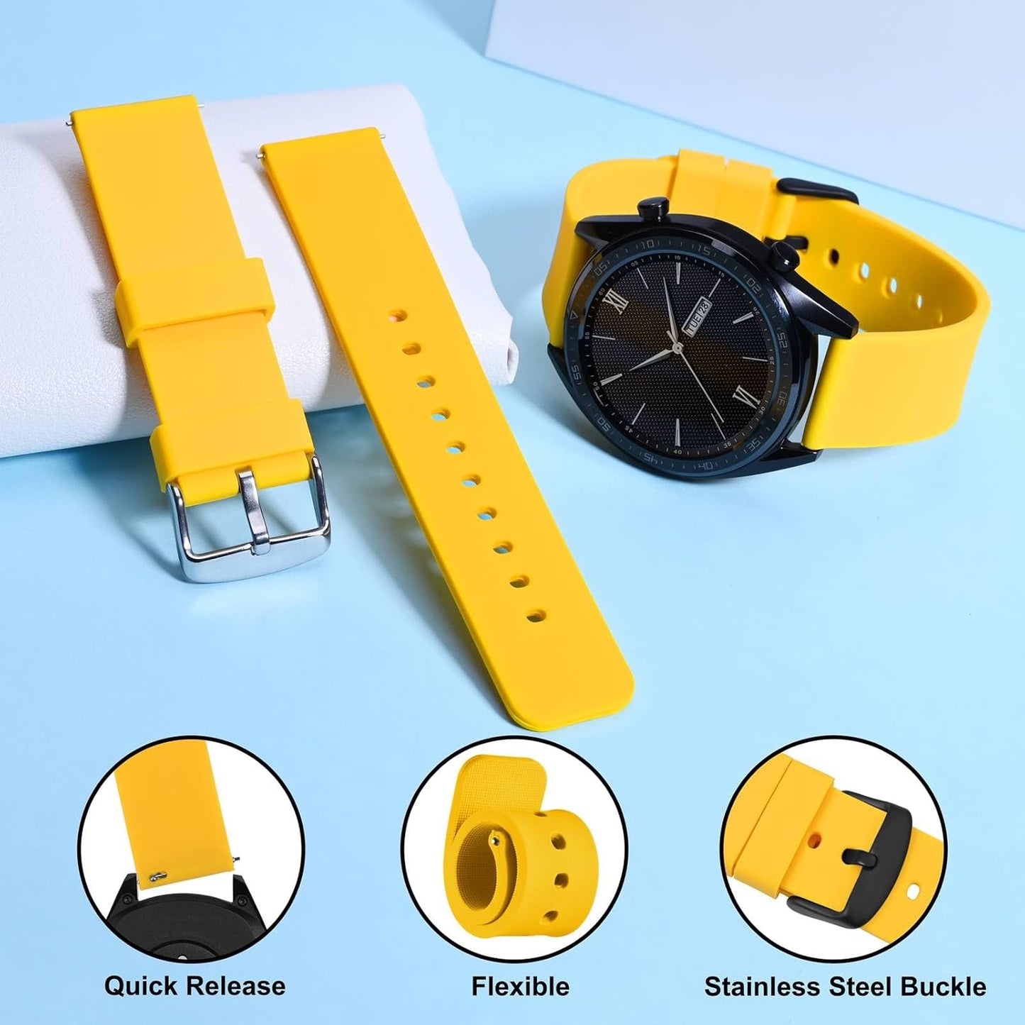 WOCCI 16mm Silicone Watch Band, Quick Release Rubber Replacement Strap with Black Stainless Steel Buckle (Yellow)