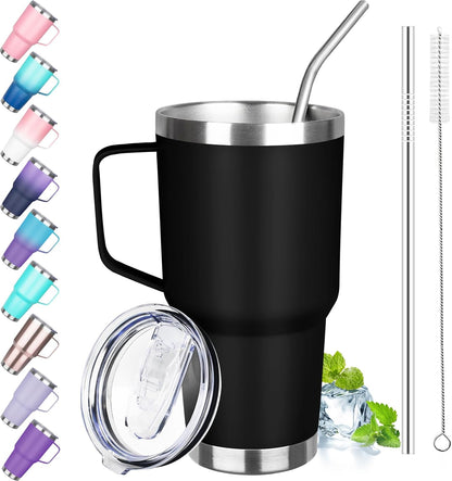 30 oz Tumbler with Handle, Stainless Steel Insulated Tumbler with Lid and Straw, Double Wall Vacuum Coffee Mug Tumbler, Insulated Coffee Thermal Cup for Cold and Hot (Yellow)
