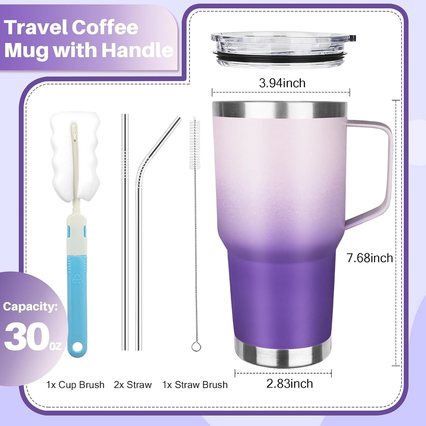 30 oz Tumbler with Handle, Stainless Steel Insulated Tumbler with Lid and Straw, Double Wall Vacuum Coffee Mug Tumbler, Insulated Coffee Thermal Cup for Cold and Hot (Yellow)