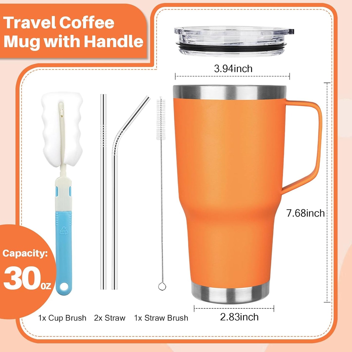 30 oz Tumbler with Handle, Stainless Steel Insulated Tumbler with Lid and Straw, Double Wall Vacuum Coffee Mug Tumbler, Insulated Coffee Thermal Cup for Cold and Hot (Yellow)
