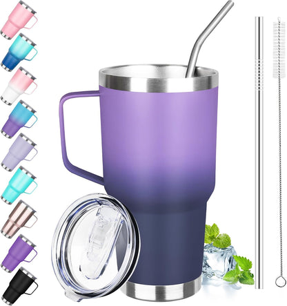 30 oz Tumbler with Handle, Stainless Steel Insulated Tumbler with Lid and Straw, Double Wall Vacuum Coffee Mug Tumbler, Insulated Coffee Thermal Cup for Cold and Hot (Yellow)