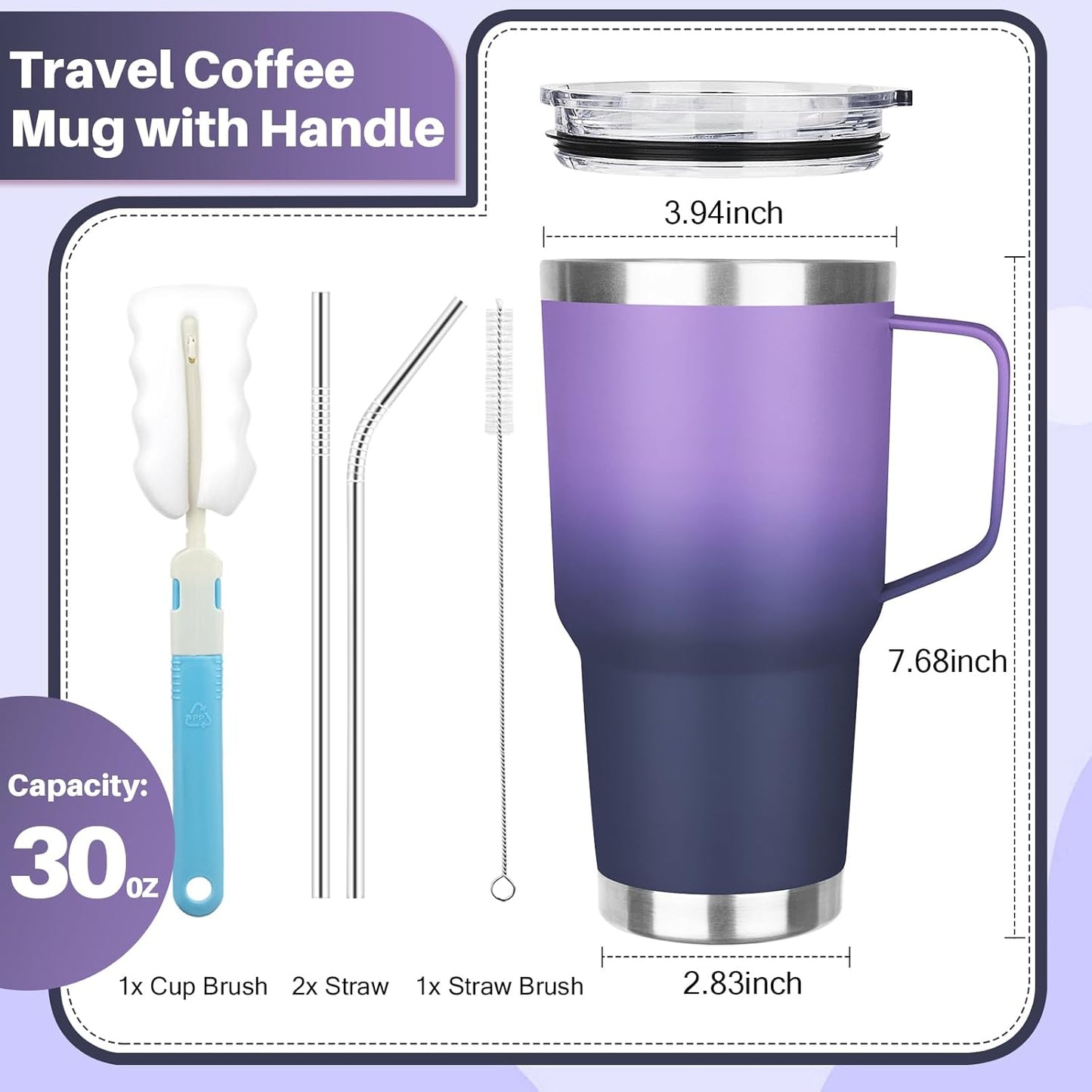 30 oz Tumbler with Handle, Stainless Steel Insulated Tumbler with Lid and Straw, Double Wall Vacuum Coffee Mug Tumbler, Insulated Coffee Thermal Cup for Cold and Hot (Yellow)