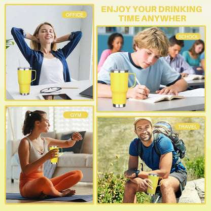 30 oz Tumbler with Handle, Stainless Steel Insulated Tumbler with Lid and Straw, Double Wall Vacuum Coffee Mug Tumbler, Insulated Coffee Thermal Cup for Cold and Hot (Yellow)
