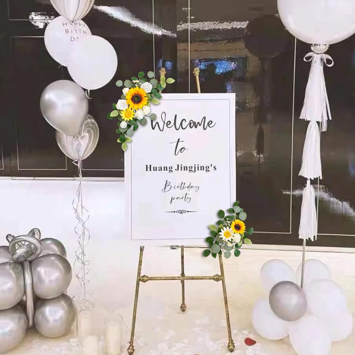2 Pack Wedding Arch Faux Flowers,20 x 12 in Wedding Welcome Signs Floral Decoration,Wedding Ceremony Reception Backdrop Decor,Rose Floral Arrangement, Indoor Outdoor Faux Flower Swag (Yellow)