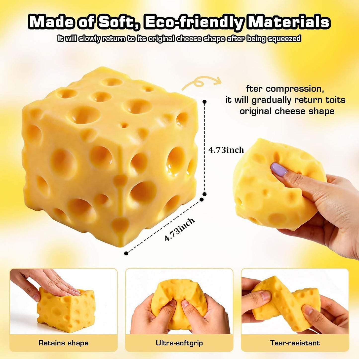 Giant Cheese Squishy, Slow Rising Stress Relief Gifts for Adults, 4.73Inch | Soft Giant Cheese Squishy Help Calm Anxiety. Easy to Clean, Portable, Safe TPR Material. Ideal for Office Home Travel, Yellow