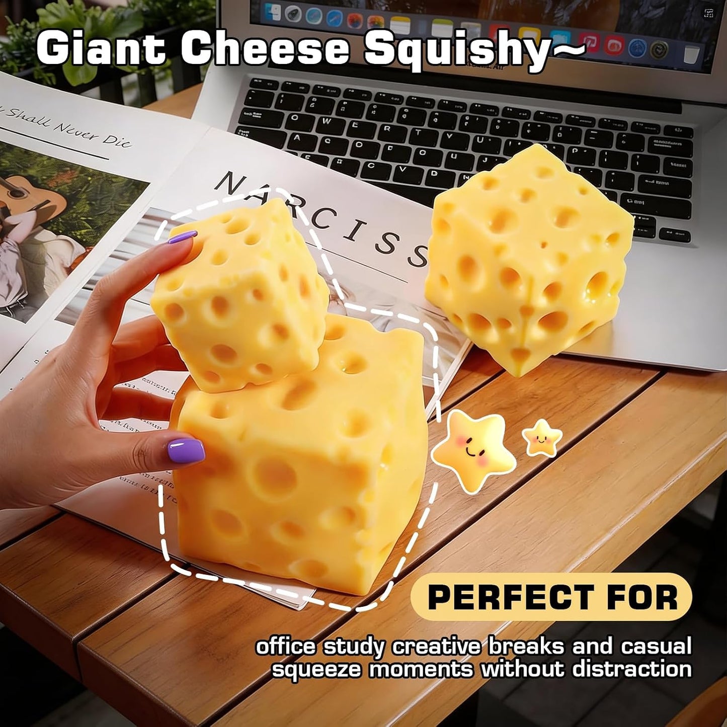 Giant Cheese Squishy, Slow Rising Stress Relief Gifts for Adults, 4.73Inch | Soft Giant Cheese Squishy Help Calm Anxiety. Easy to Clean, Portable, Safe TPR Material. Ideal for Office Home Travel, Yellow