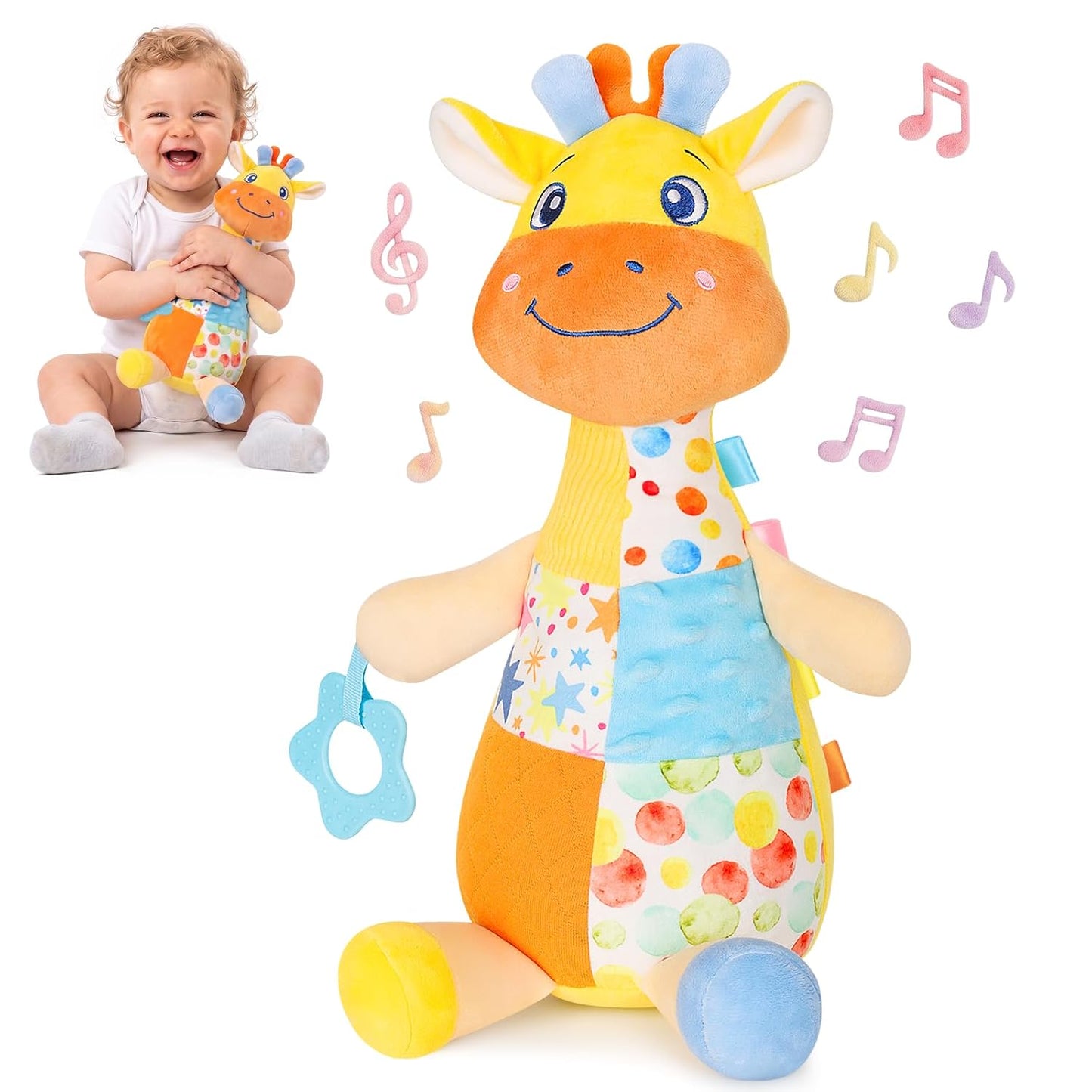 Baby Sensory Toys 0-3-6-12 Months, Musical Giraffe Stuffed Animal for Infant Tummy Time, Plush Activity Toy with Squeaker, Rattle, Crinkle Paper, Teether, Newborn Boys Girls Gifts, Yellow
