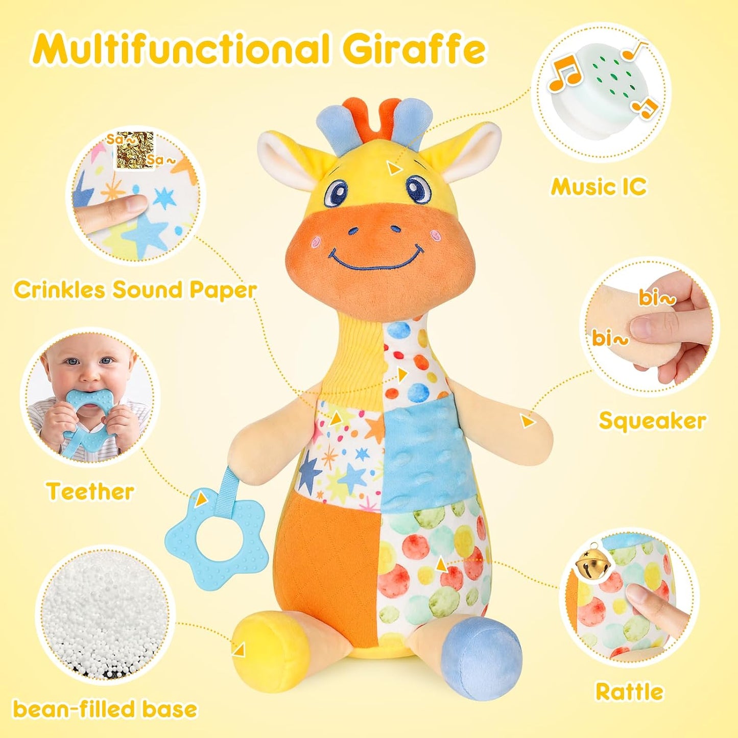 Baby Sensory Toys 0-3-6-12 Months, Musical Giraffe Stuffed Animal for Infant Tummy Time, Plush Activity Toy with Squeaker, Rattle, Crinkle Paper, Teether, Newborn Boys Girls Gifts, Yellow