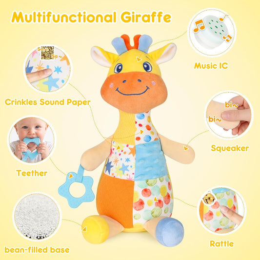 Baby Sensory Toys 0-3-6-12 Months, Musical Giraffe Stuffed Animal for Infant Tummy Time, Plush Activity Toy with Squeaker, Rattle, Crinkle Paper, Teether, Newborn Boys Girls Gifts, Yellow