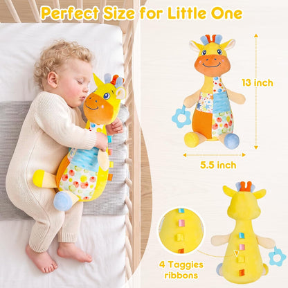 Baby Sensory Toys 0-3-6-12 Months, Musical Giraffe Stuffed Animal for Infant Tummy Time, Plush Activity Toy with Squeaker, Rattle, Crinkle Paper, Teether, Newborn Boys Girls Gifts, Yellow