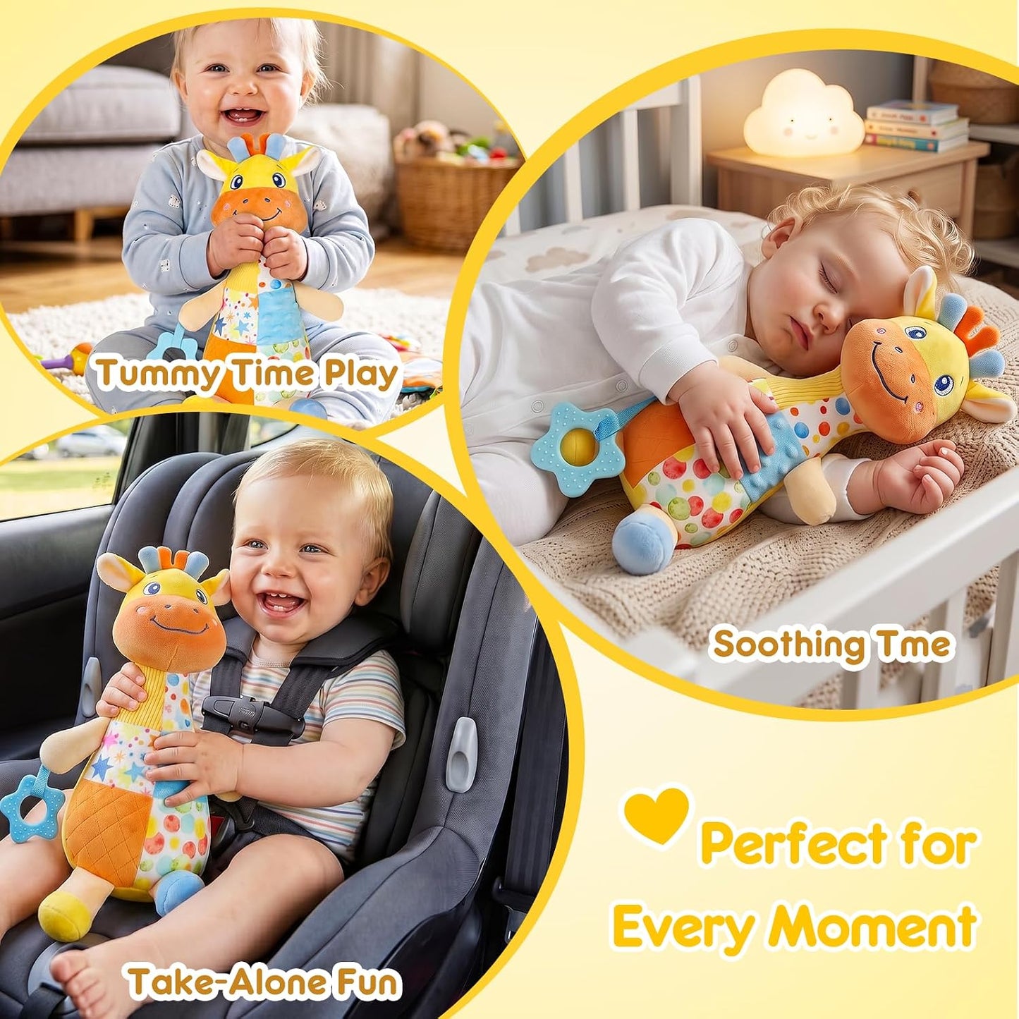 Baby Sensory Toys 0-3-6-12 Months, Musical Giraffe Stuffed Animal for Infant Tummy Time, Plush Activity Toy with Squeaker, Rattle, Crinkle Paper, Teether, Newborn Boys Girls Gifts, Yellow