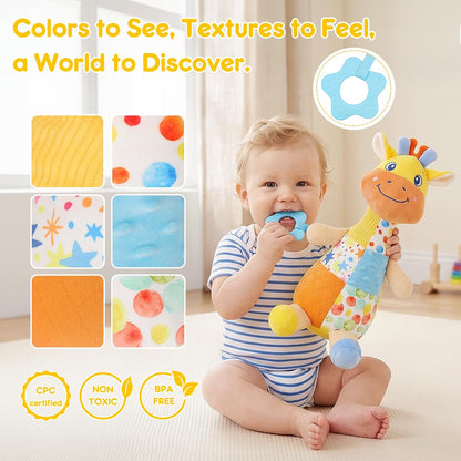 Baby Sensory Toys 0-3-6-12 Months, Musical Giraffe Stuffed Animal for Infant Tummy Time, Plush Activity Toy with Squeaker, Rattle, Crinkle Paper, Teether, Newborn Boys Girls Gifts, Yellow