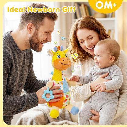 Baby Sensory Toys 0-3-6-12 Months, Musical Giraffe Stuffed Animal for Infant Tummy Time, Plush Activity Toy with Squeaker, Rattle, Crinkle Paper, Teether, Newborn Boys Girls Gifts, Yellow