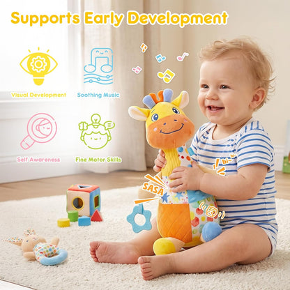 Baby Sensory Toys 0-3-6-12 Months, Musical Giraffe Stuffed Animal for Infant Tummy Time, Plush Activity Toy with Squeaker, Rattle, Crinkle Paper, Teether, Newborn Boys Girls Gifts, Yellow