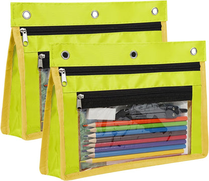 2 Pack 1 Inch Expandable Zipper Pencil Pouches with Clear Window for 3 Ring Binder, Suitable for School & Office（Yellow）
