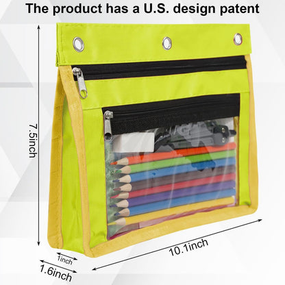 2 Pack 1 Inch Expandable Zipper Pencil Pouches with Clear Window for 3 Ring Binder, Suitable for School & Office（Yellow）