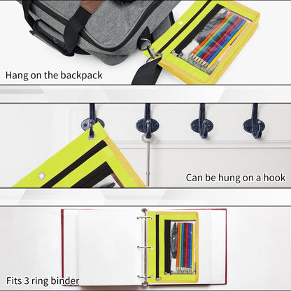2 Pack 1 Inch Expandable Zipper Pencil Pouches with Clear Window for 3 Ring Binder, Suitable for School & Office（Yellow）