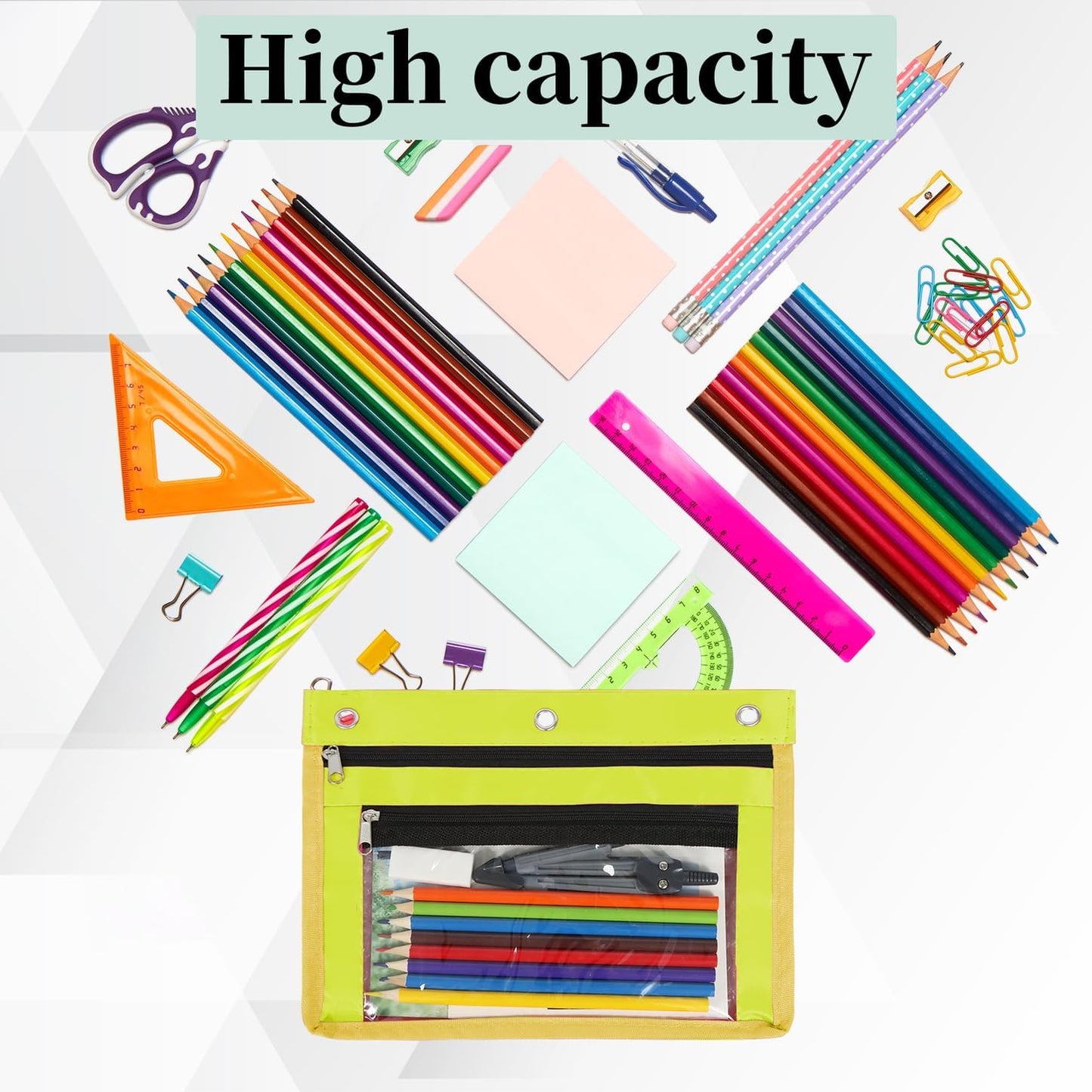 2 Pack 1 Inch Expandable Zipper Pencil Pouches with Clear Window for 3 Ring Binder, Suitable for School & Office（Yellow）