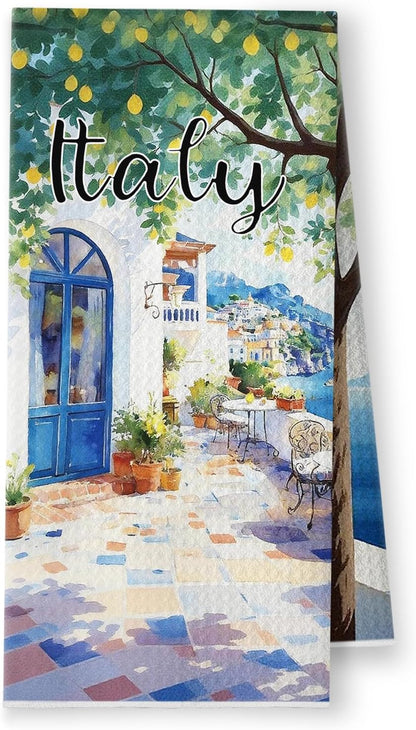 Italian Lemon Coastal Kitchen Towels, Summer Beach Mediterranean Dish Tea Towels, Italy Ocean Scenery Lemon Tree Decorative Hand Towel for Bathroom Kitchen, 16x24 Inch
