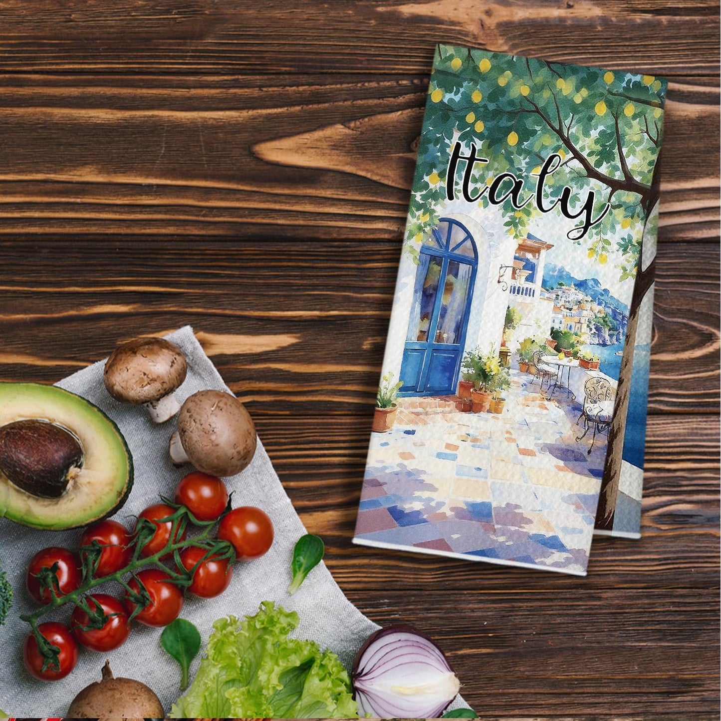 Italian Lemon Coastal Kitchen Towels, Summer Beach Mediterranean Dish Tea Towels, Italy Ocean Scenery Lemon Tree Decorative Hand Towel for Bathroom Kitchen, 16x24 Inch
