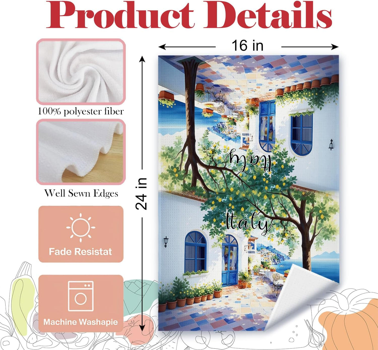 Italian Lemon Coastal Kitchen Towels, Summer Beach Mediterranean Dish Tea Towels, Italy Ocean Scenery Lemon Tree Decorative Hand Towel for Bathroom Kitchen, 16x24 Inch