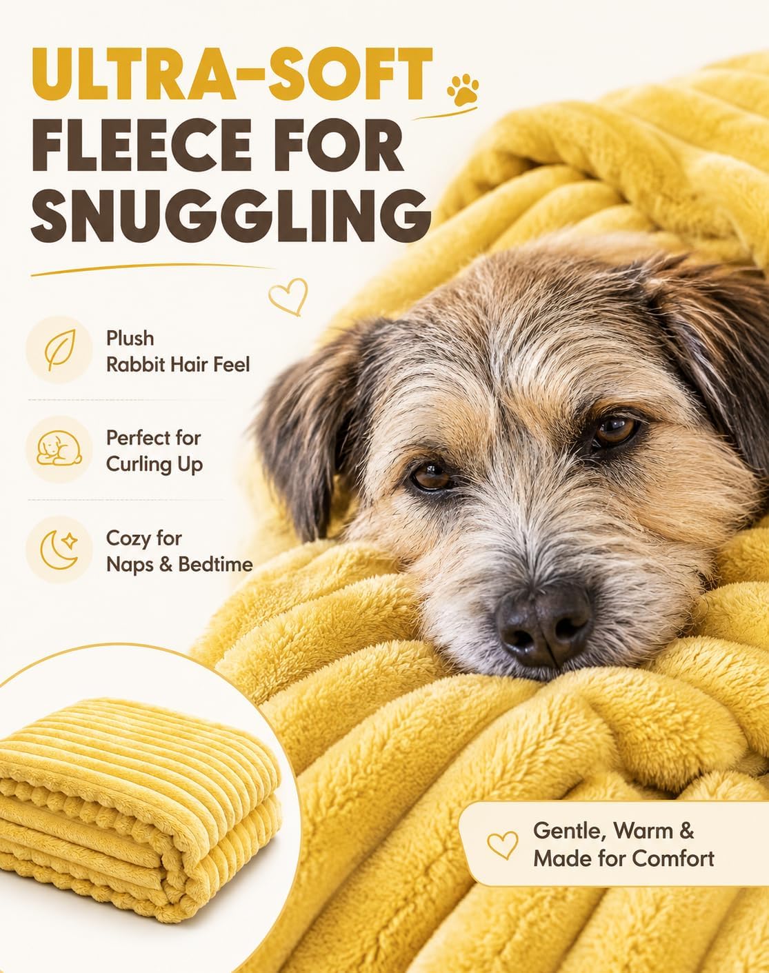 Emotional Support Blanket for Dogs, Bright Yellow Security Blanket, Calming Rabbit Hair Plush Pet Blankets, Soft Cozy Comfort Blankets for Crate, Sofa, Bed, Kennel & Travel (70×100cm)