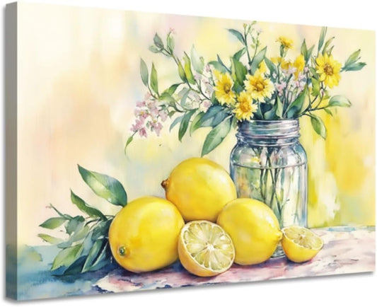 Lemon Pictures Yellow Flower Canvas Prints Framed Wildflowers Artwork Wall Decor for Kitchen Dining Room 12"x18"