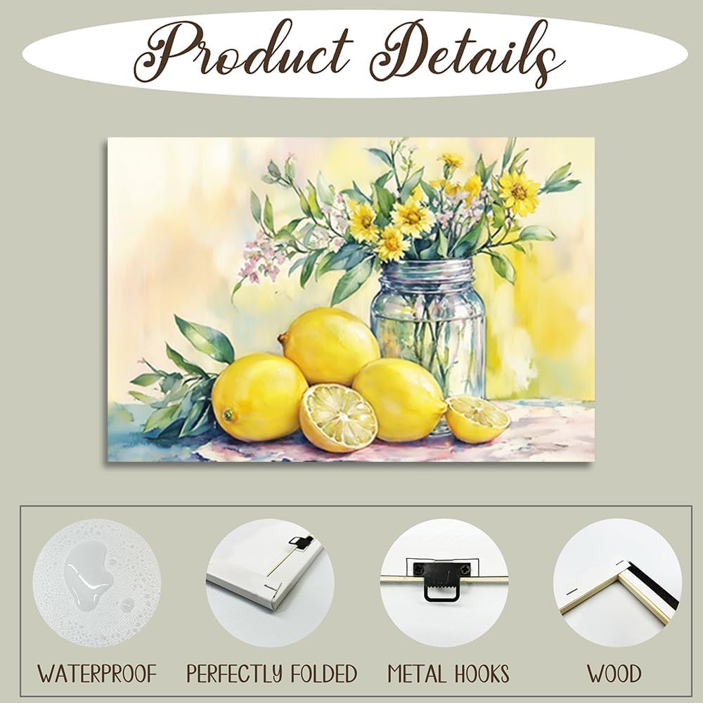 Lemon Pictures Yellow Flower Canvas Prints Framed Wildflowers Artwork Wall Decor for Kitchen Dining Room 12"x18"