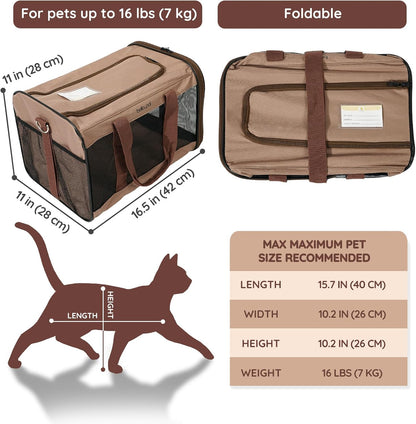 Cat Carrier Travel Bag, Airline Approved Lightweight Cat Carrier, Soft Sided Pet Carrier for Puppy Dogs Up to 18lbs, Collapsible Kitten Bag with Removable Waterproof Mat, Ventilated Mesh