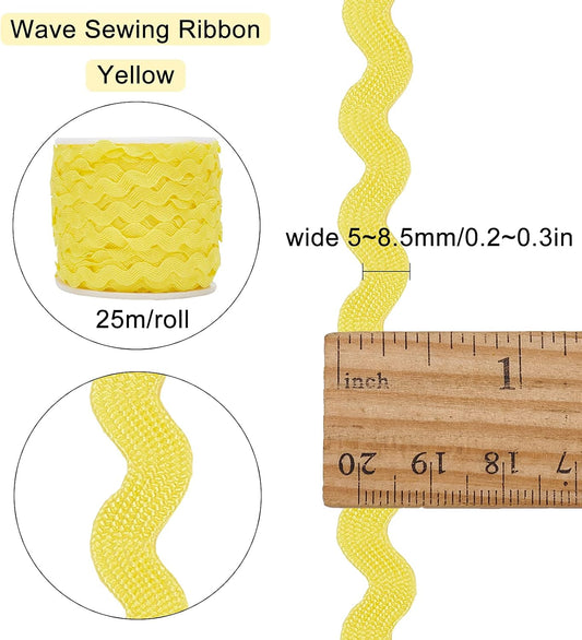 1 Roll 27yd/25m RIC Rac Trim Ribbon Wave Sewing Bending Fringe Trim 5mm/0.2 inch for Sewing Flower Making Wedding Party Lace Ribbon Craft (Yellow)