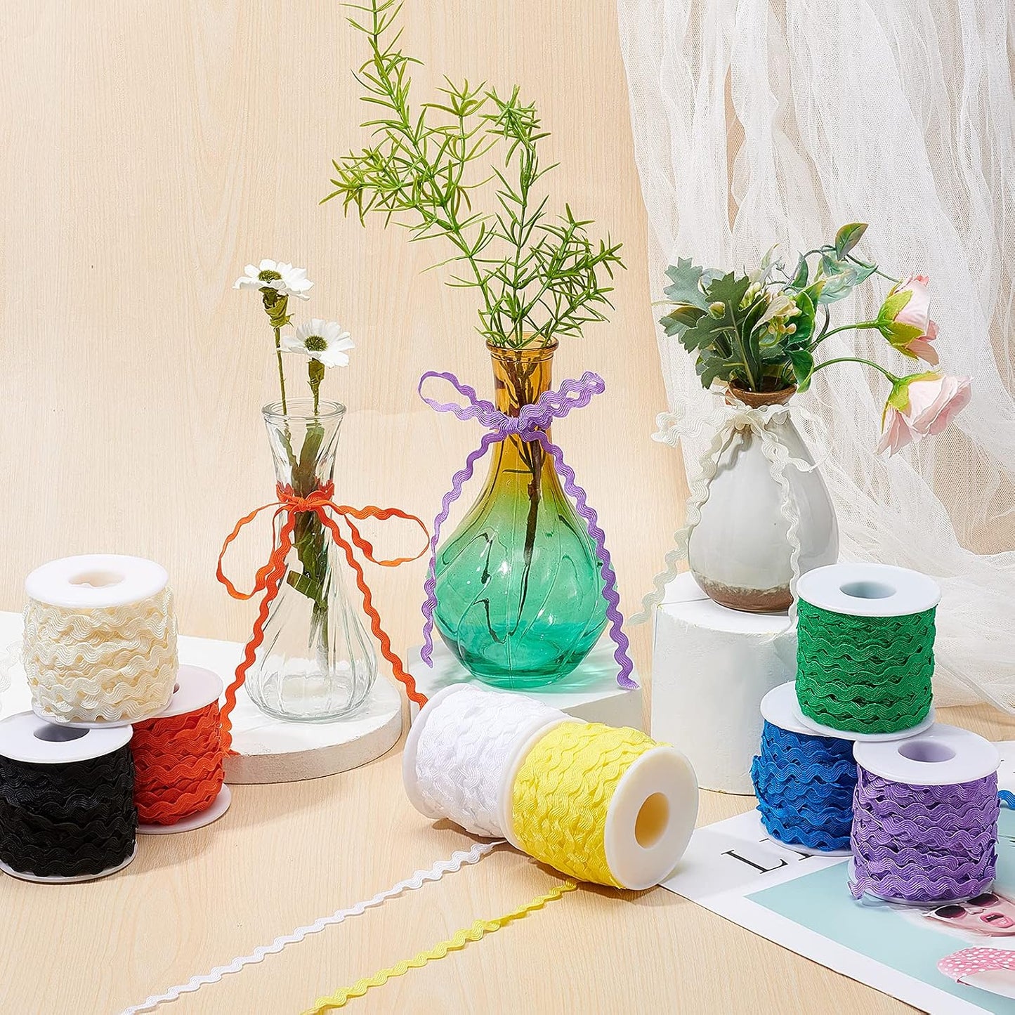 1 Roll 27yd/25m RIC Rac Trim Ribbon Wave Sewing Bending Fringe Trim 5mm/0.2 inch for Sewing Flower Making Wedding Party Lace Ribbon Craft (Yellow)