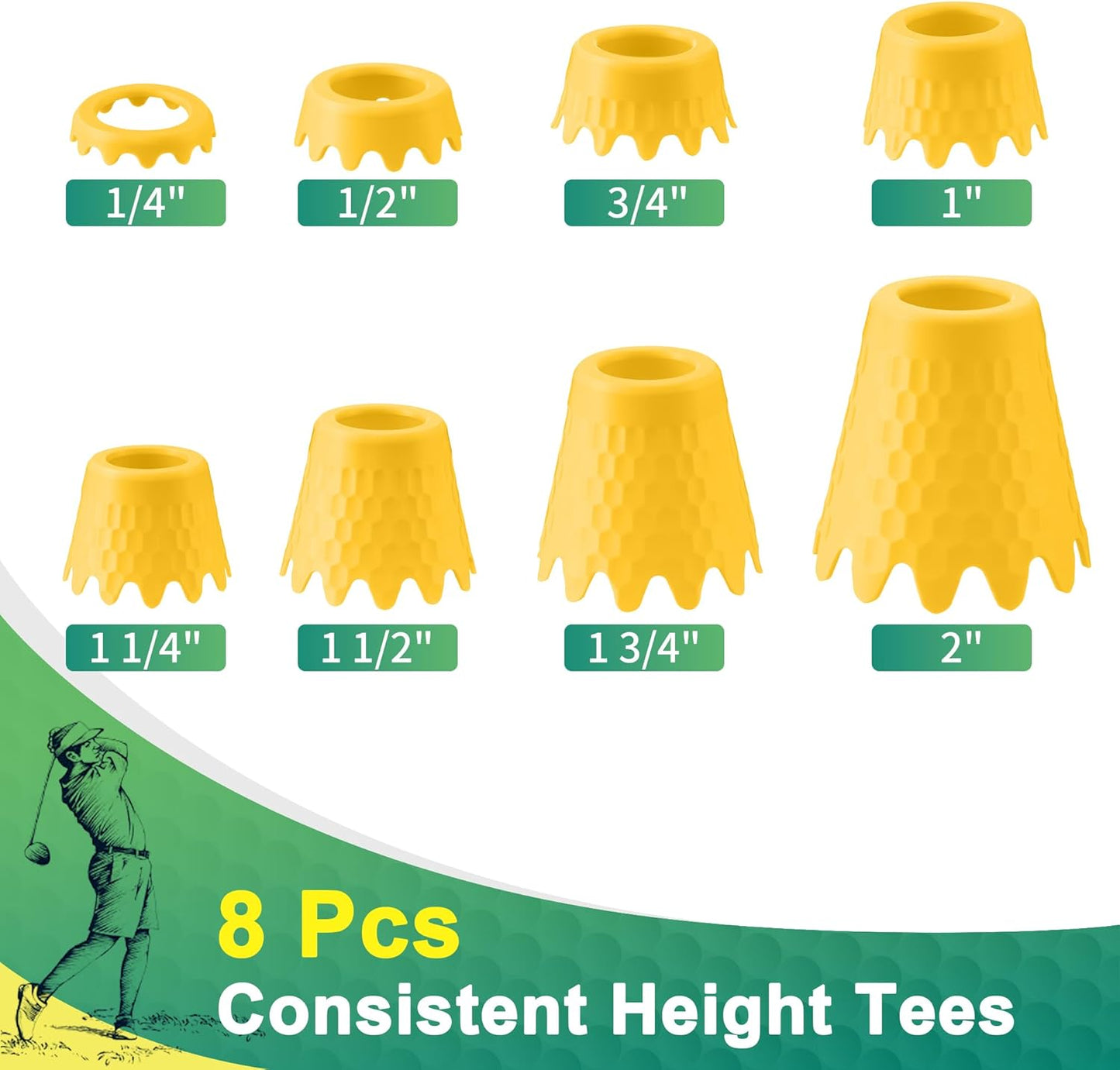 8 Pack ‌Simulator Golf Tees, Height from 1/4" to 2", 3D Printed | Suitable for Indoor, Outdoor, Winter, Golf Mats, Turf and Driving Range