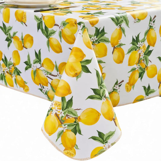 Vinyl Tablecloth with Flannel Backing - Waterproof, Oil-Proof, Easy to Clean -Plastic Table Cloth - Perfect for Dining Tables, Kitchen Tables, Parties (Lemon, 54×54 Inch Square)