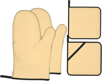 4 Pieces Oven Mitt and Pot Holder Sets, Light Yellow Solid Color Oven Mitts Set Heat Resistant Baking Gloves Kitchen Microwave for Cooking, BBQ