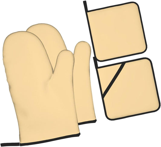 4 Pieces Oven Mitt and Pot Holder Sets, Light Yellow Solid Color Oven Mitts Set Heat Resistant Baking Gloves Kitchen Microwave for Cooking, BBQ