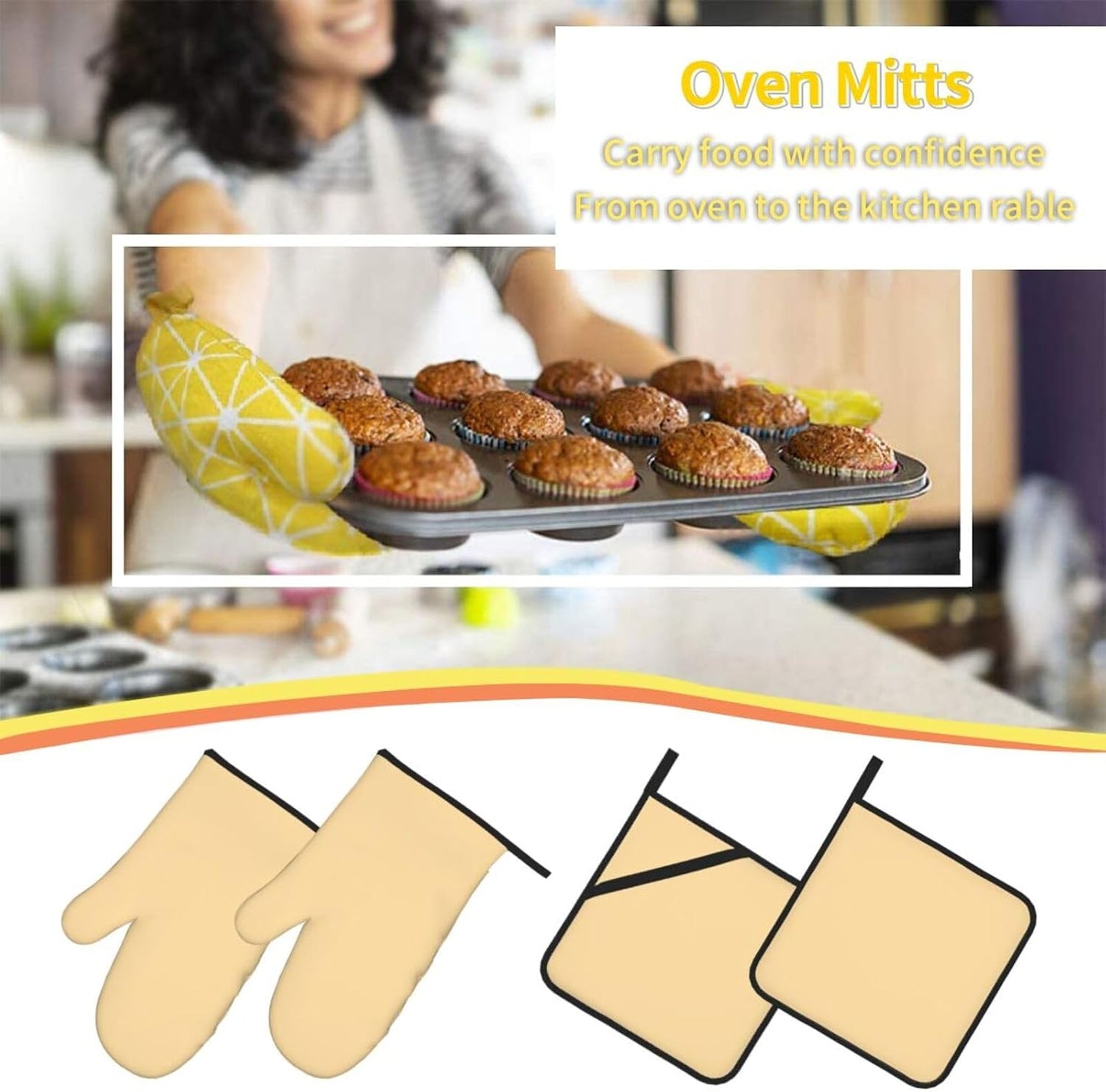 4 Pieces Oven Mitt and Pot Holder Sets, Light Yellow Solid Color Oven Mitts Set Heat Resistant Baking Gloves Kitchen Microwave for Cooking, BBQ