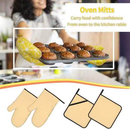 4 Pieces Oven Mitt and Pot Holder Sets, Light Yellow Solid Color Oven Mitts Set Heat Resistant Baking Gloves Kitchen Microwave for Cooking, BBQ
