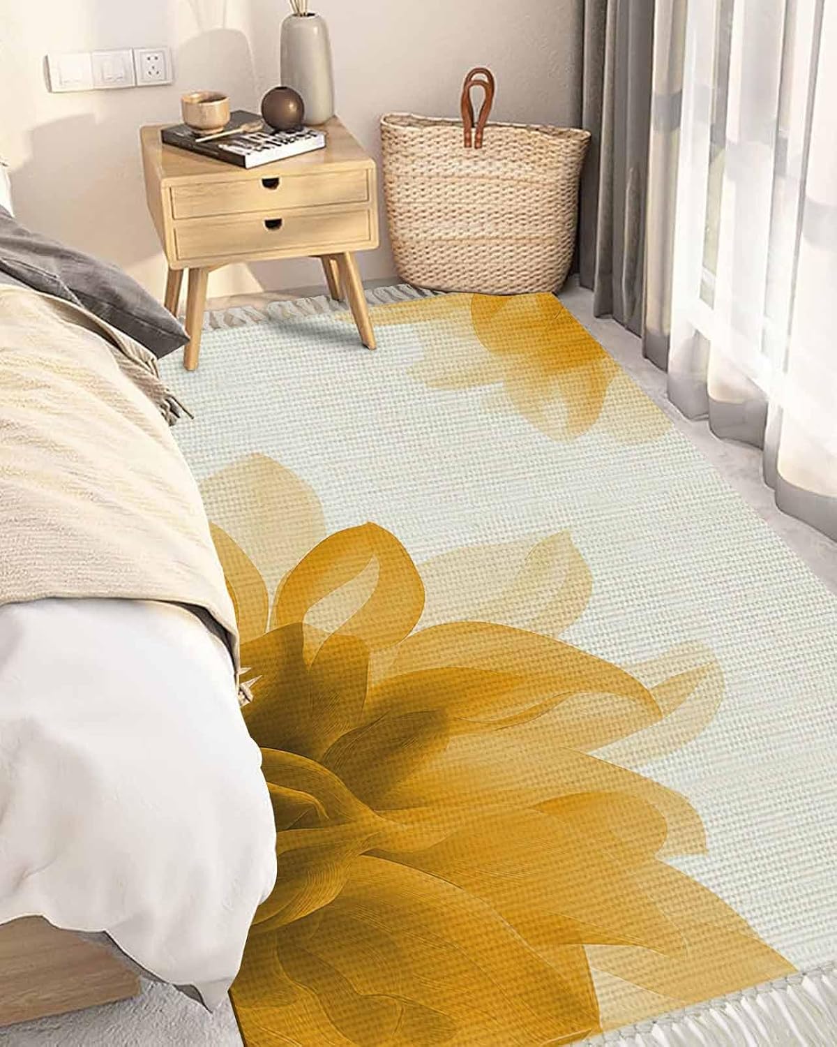 Abstract Area Rug with Tassels 4' x 6' Yellow Translucent Floral Art Indoor Accent Rug Lightweight Floor Carpet Washable Mat for Living Room/Dining Room/Bedroom/Office/Patio/Hallway Decor