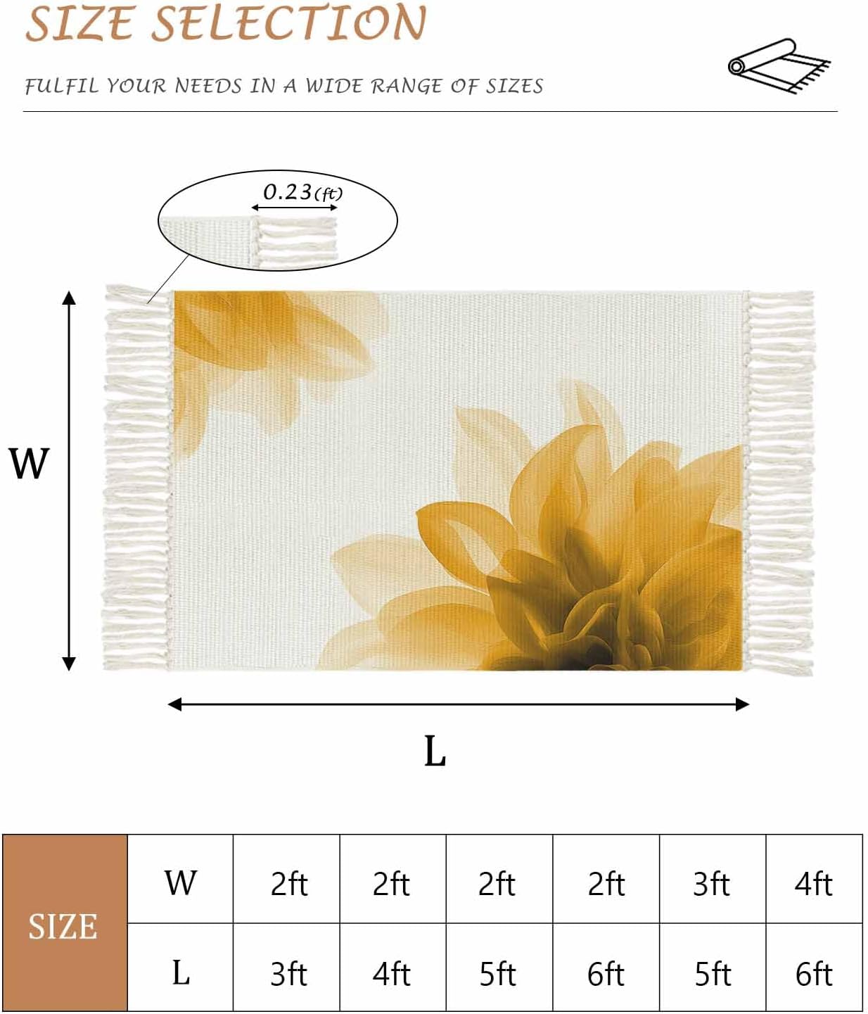 Abstract Area Rug with Tassels 4' x 6' Yellow Translucent Floral Art Indoor Accent Rug Lightweight Floor Carpet Washable Mat for Living Room/Dining Room/Bedroom/Office/Patio/Hallway Decor