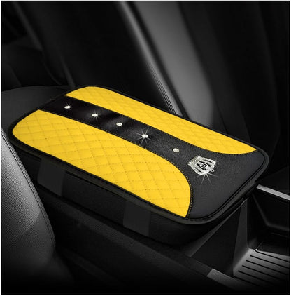 Bling Leather Car Center Console Cover, Anti-Slip Crown Armrest Seat Box Cushion Pad with Rhinestones, Waterproof Crystal Arm Rest Protector Interior Decor for Most Vehicles (Yellow)
