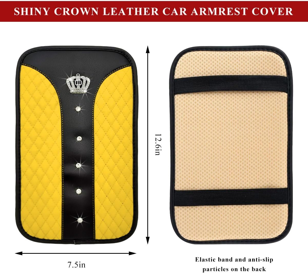 Bling Leather Car Center Console Cover, Anti-Slip Crown Armrest Seat Box Cushion Pad with Rhinestones, Waterproof Crystal Arm Rest Protector Interior Decor for Most Vehicles (Yellow)