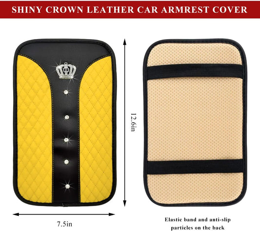 Bling Leather Car Center Console Cover, Anti-Slip Crown Armrest Seat Box Cushion Pad with Rhinestones, Waterproof Crystal Arm Rest Protector Interior Decor for Most Vehicles (Yellow)