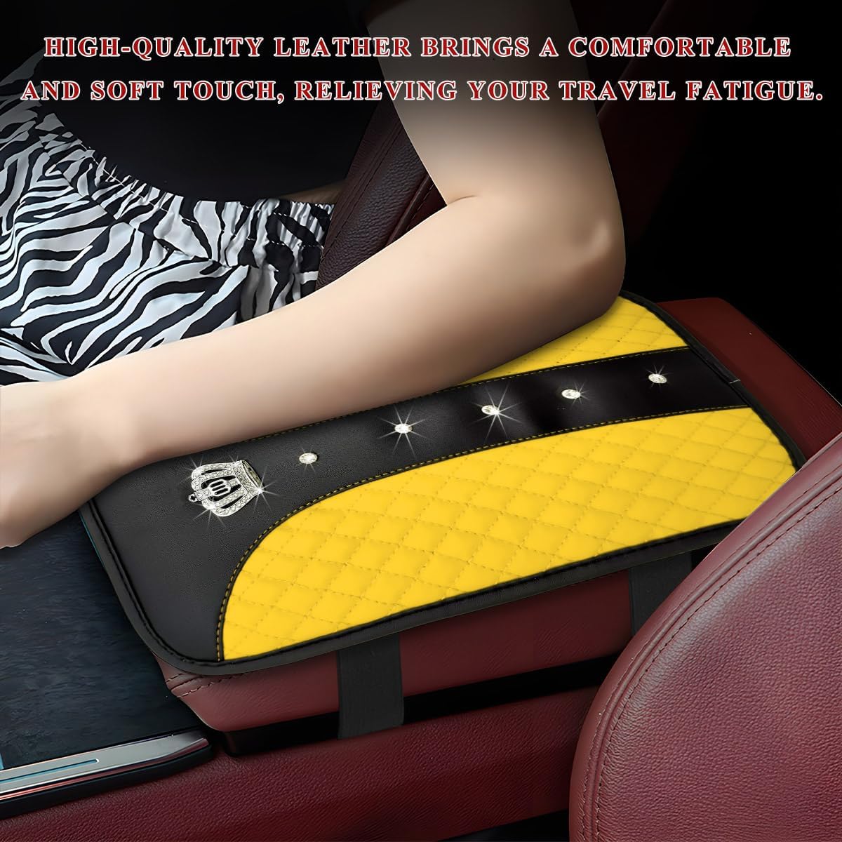Bling Leather Car Center Console Cover, Anti-Slip Crown Armrest Seat Box Cushion Pad with Rhinestones, Waterproof Crystal Arm Rest Protector Interior Decor for Most Vehicles (Yellow)