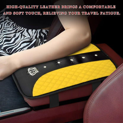 Bling Leather Car Center Console Cover, Anti-Slip Crown Armrest Seat Box Cushion Pad with Rhinestones, Waterproof Crystal Arm Rest Protector Interior Decor for Most Vehicles (Yellow)