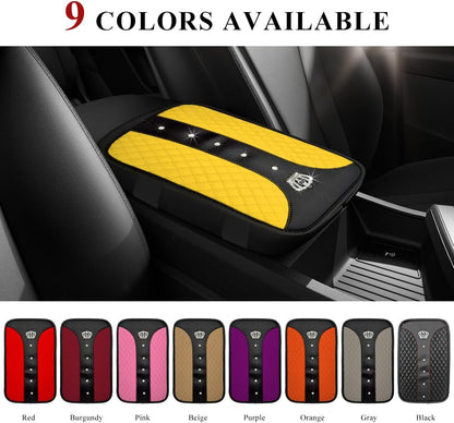Bling Leather Car Center Console Cover, Anti-Slip Crown Armrest Seat Box Cushion Pad with Rhinestones, Waterproof Crystal Arm Rest Protector Interior Decor for Most Vehicles (Yellow)