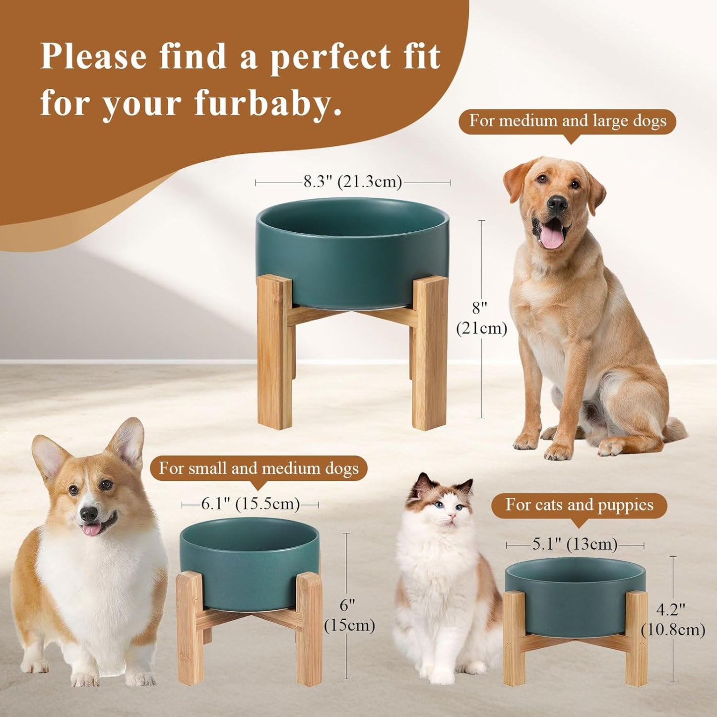 Elevated Ceramic Cat Bowl - Cat Food Bowl with Bamboo Stand - Raised Dog Dish for Puppies - Anti Vomiting, Stress Free - 13.5 oz / 400 ml - Yellow