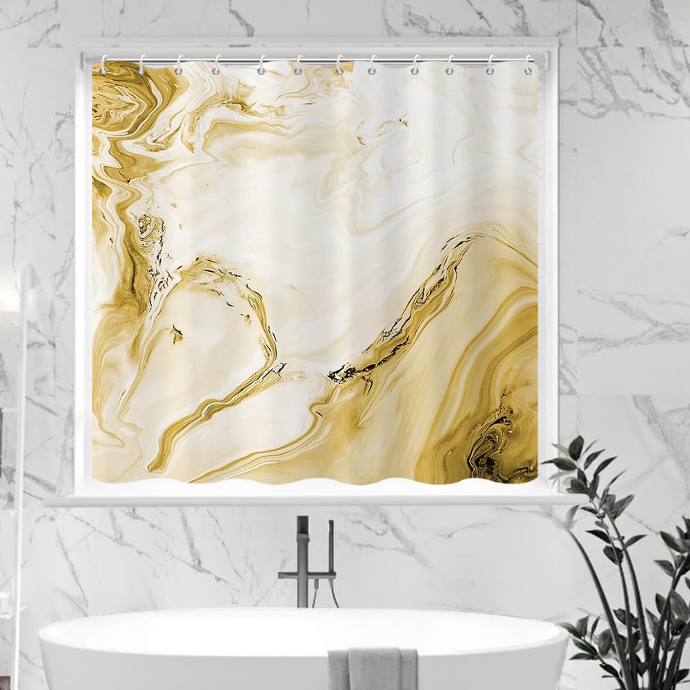 Yellow Shower Window Curtains, Modern Abstract Marble Bathroom Window Curtain Small Short Bathroom Window Curtain Waterproof Machine Washable 8 PCS Hooks,40" Wx36 L