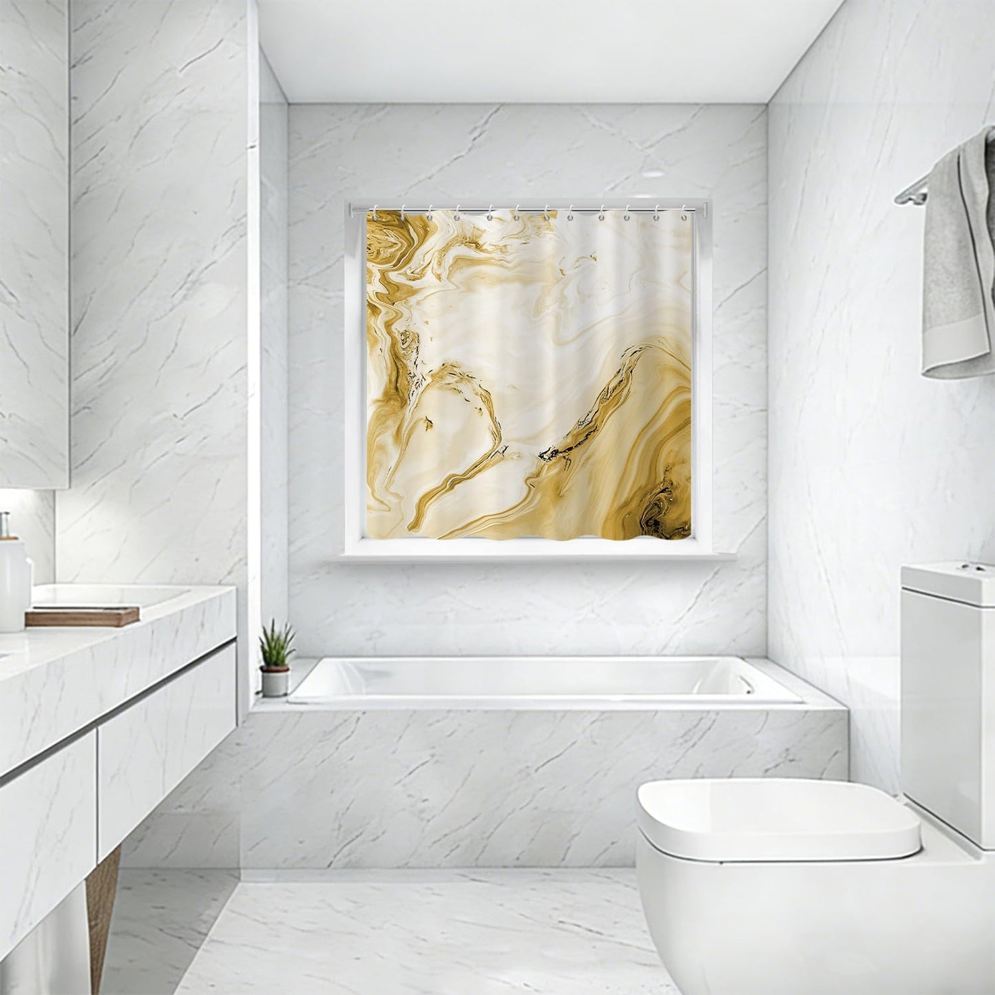 Yellow Shower Window Curtains, Modern Abstract Marble Bathroom Window Curtain Small Short Bathroom Window Curtain Waterproof Machine Washable 8 PCS Hooks,40" Wx36 L