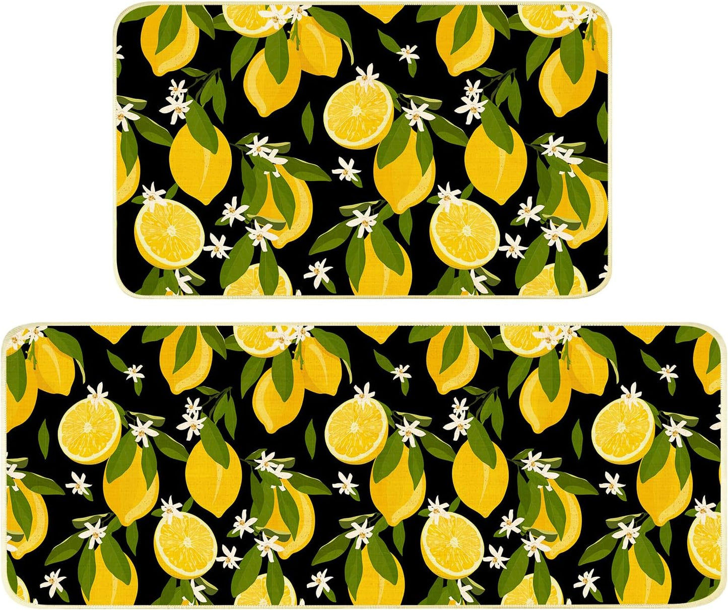 Lemon Kitchen Mats for Floor Non Slip Washable Kitchen Rugs | Durable Absorbent Linen Non-Slip Rubber Backing, Traps Pet Hair & Kitchen Grease, Easy Vacuum Cleaning. 17"X47"+17"X30" 2Psc